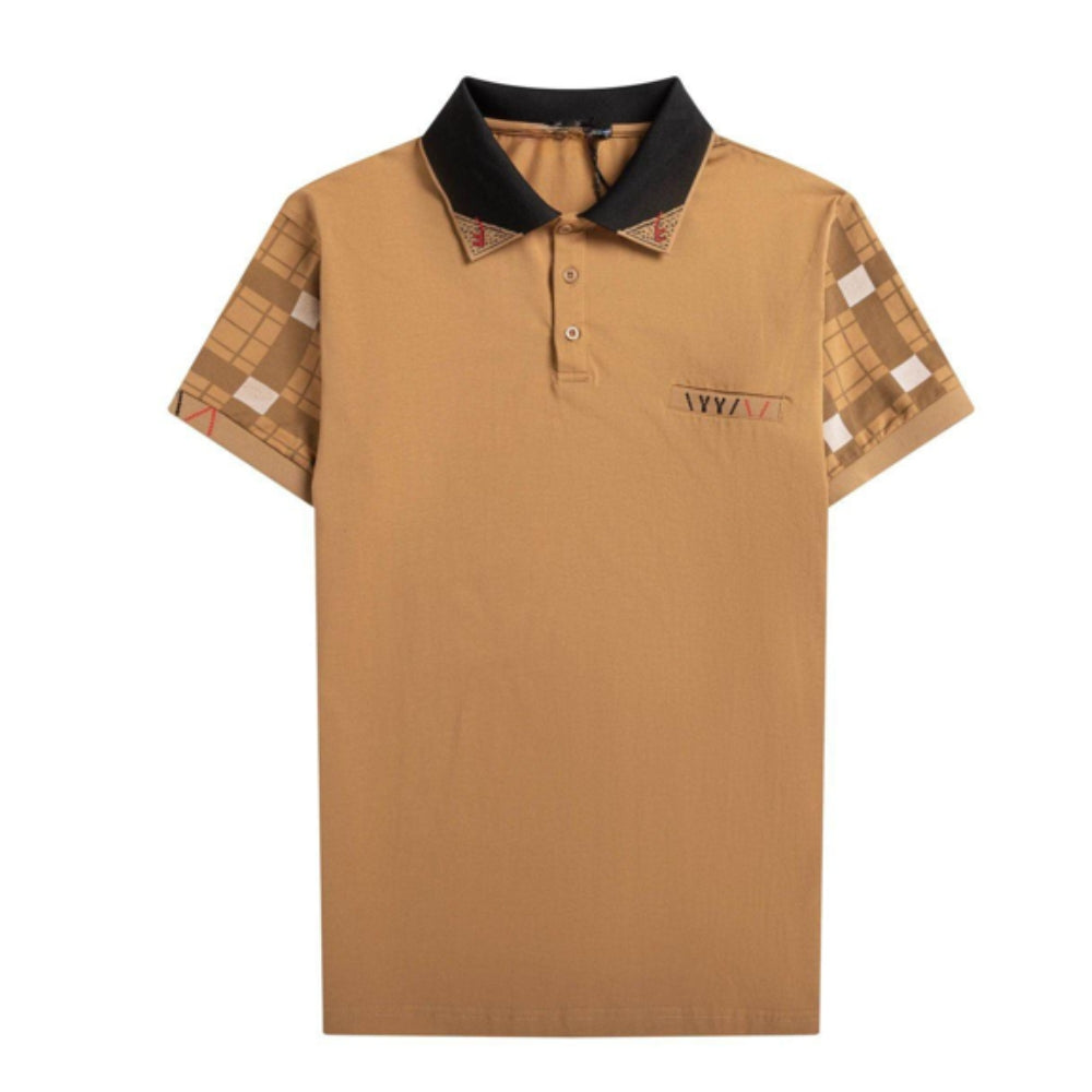Men’s Beige Polo Shirt – Cotton Blend Casual Top with Plaid Accents, Short Sleeve S-4XL