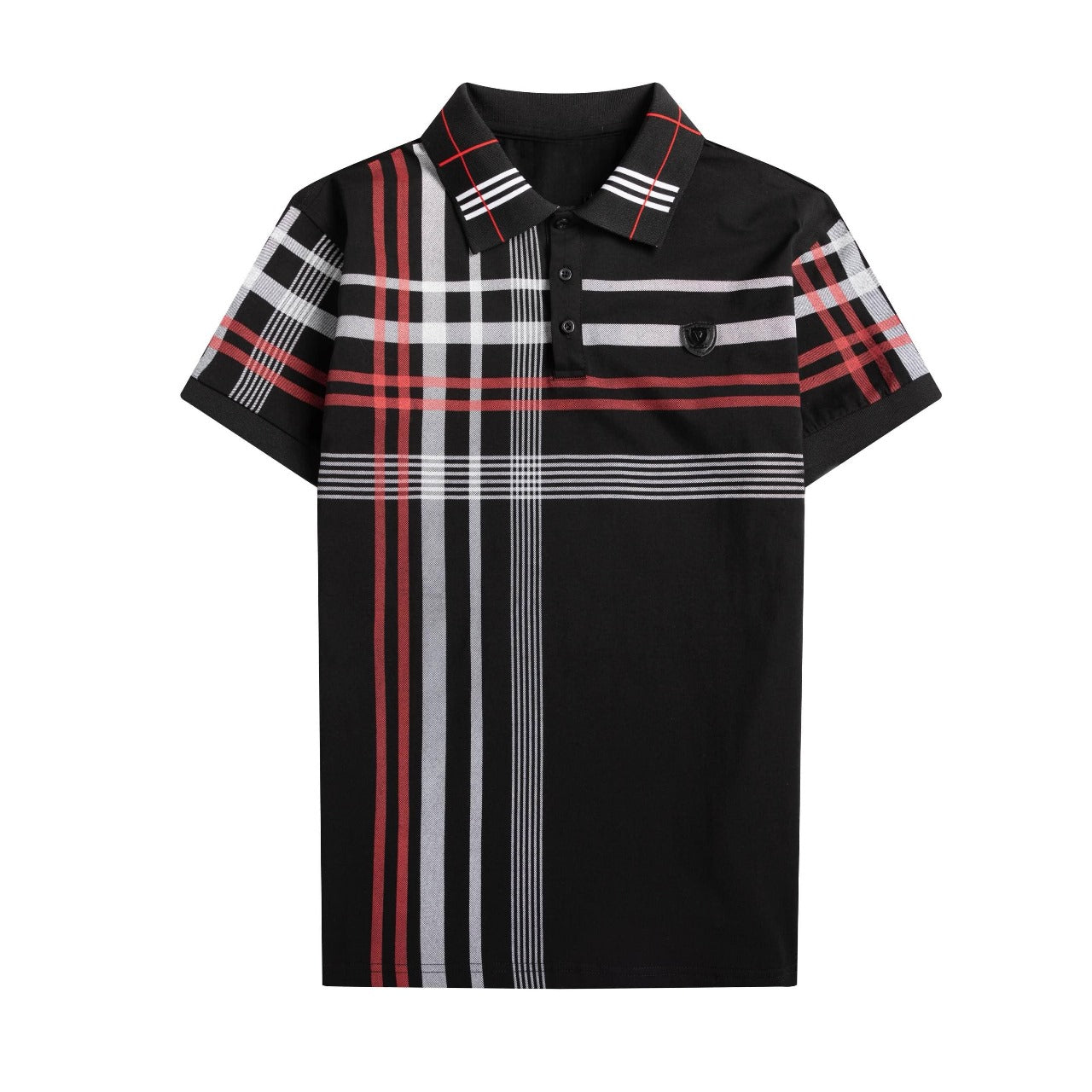 Men’s Black Polo Shirt – Cotton Blend with Plaid Print and Crest Patch Short Sleeve S-4XL