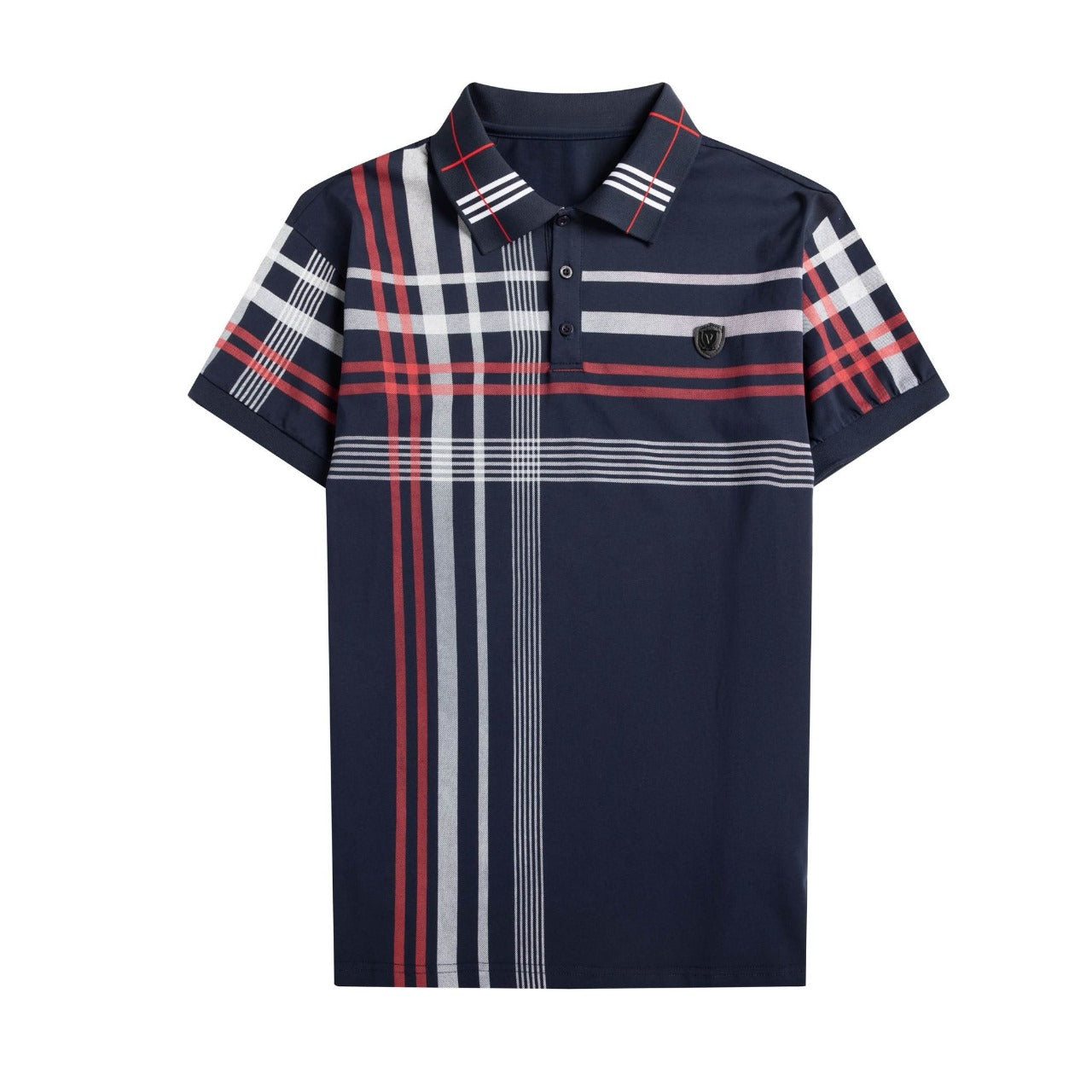 Men’s Blue Polo Shirt – Cotton Blend with Plaid Print and Crest Patch Short Sleeve S-4XL