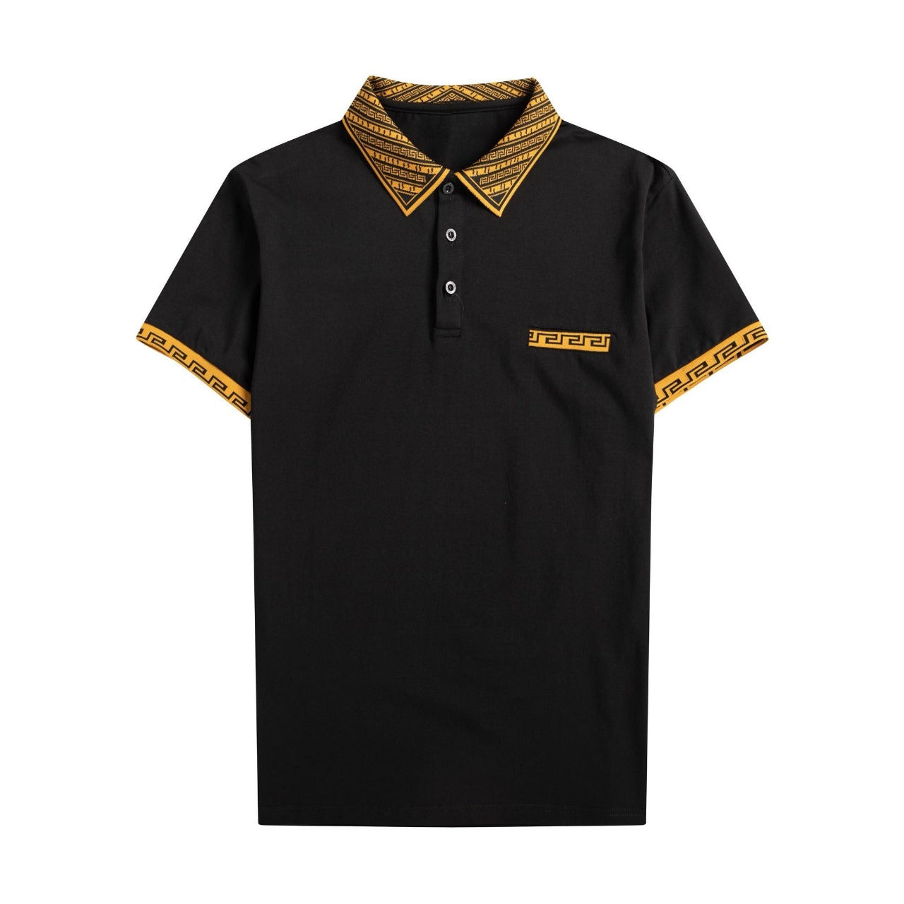 Men’s Black Polo Shirt – Cotton Blend with Greek Key Trim and Contrast Collar Short Sleeve S-4XL