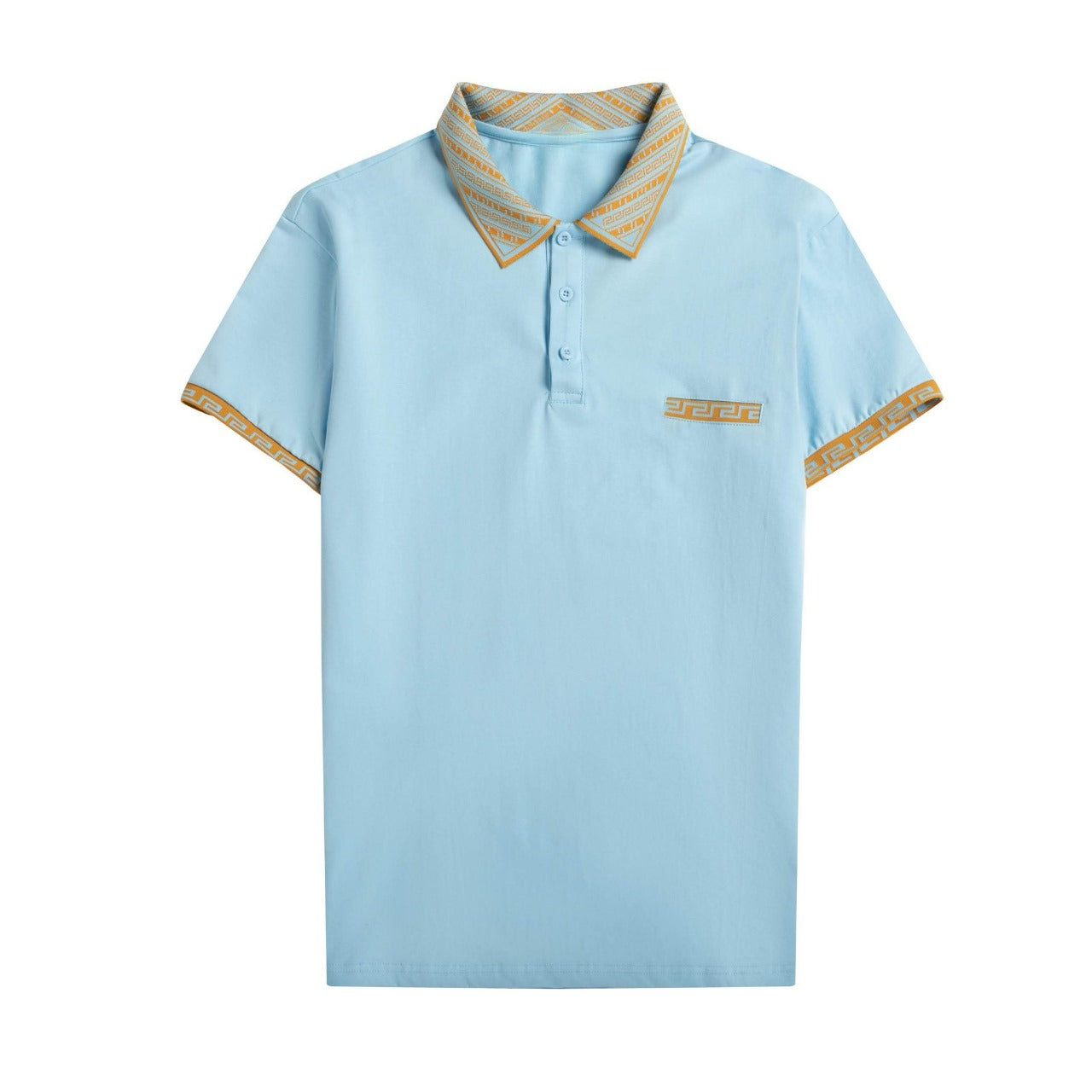 Men’s Blue Polo Shirt – Cotton Blend with Greek Key Trim and Contrast Collar Short Sleeve S-4XL