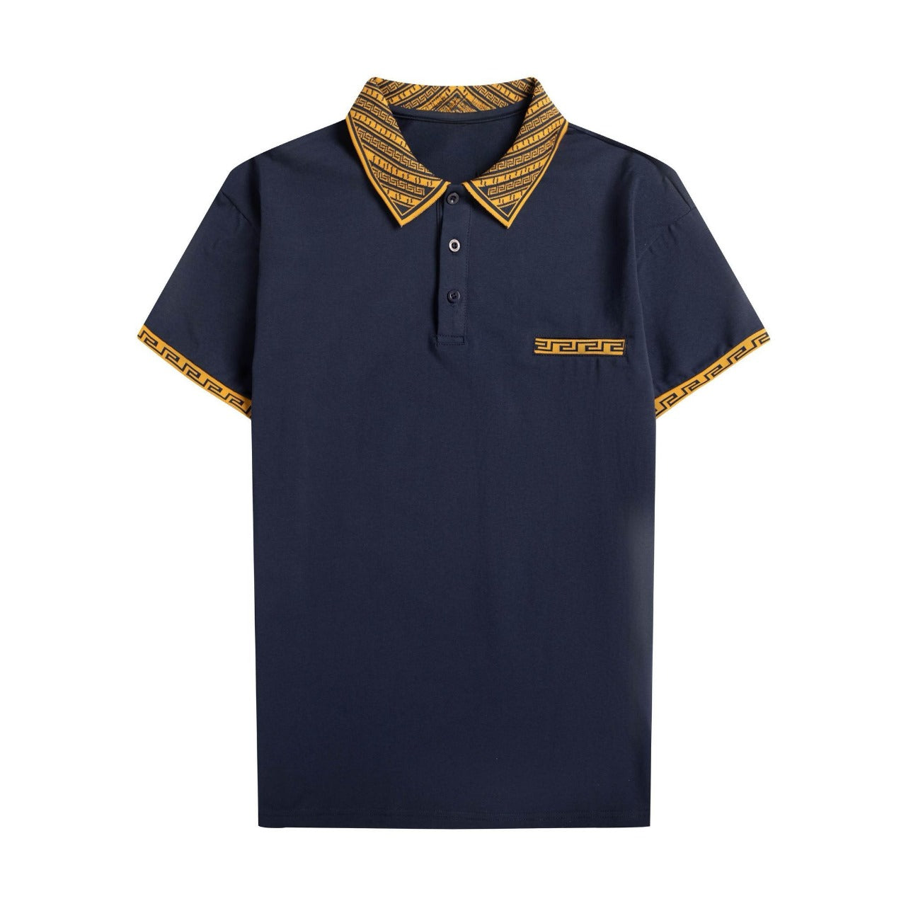 Men’s Navy Polo Shirt – Cotton Blend with Greek Key Trim and Contrast Collar Short Sleeve S-4XL