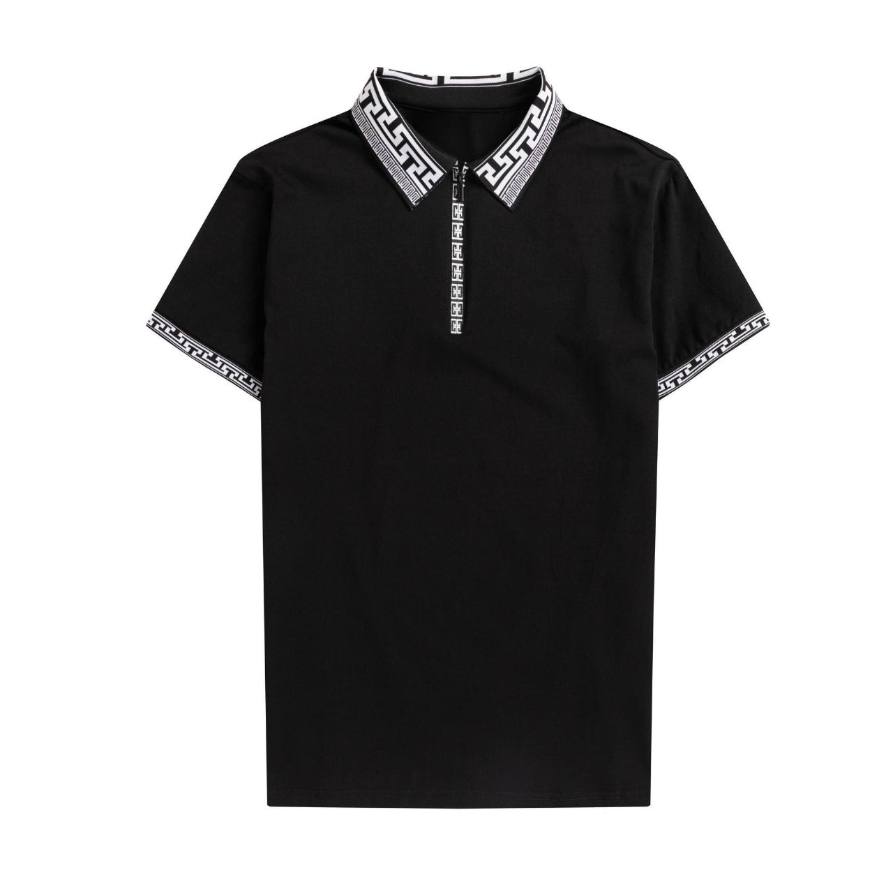 Men’s Black Zipper Polo Shirt – Short Sleeve Tee with White Greek Key Trim S-4XL