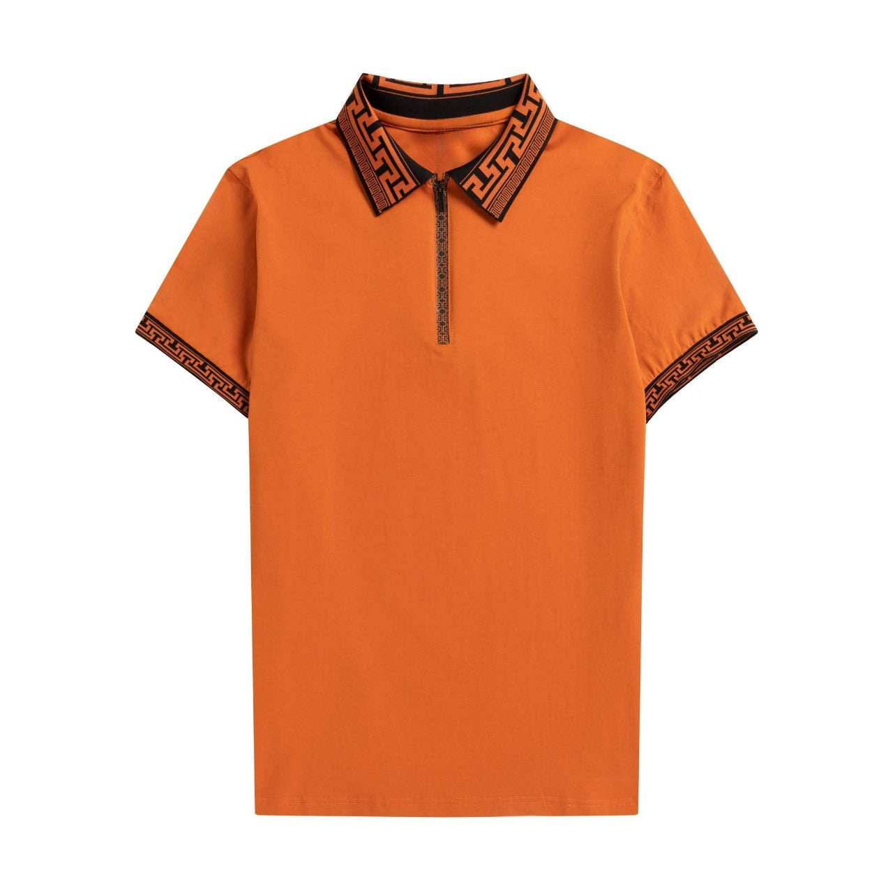 Men’s Light Brown Zipper Polo Shirt – Short Sleeve Tee with White Greek Key Trim S-4XL