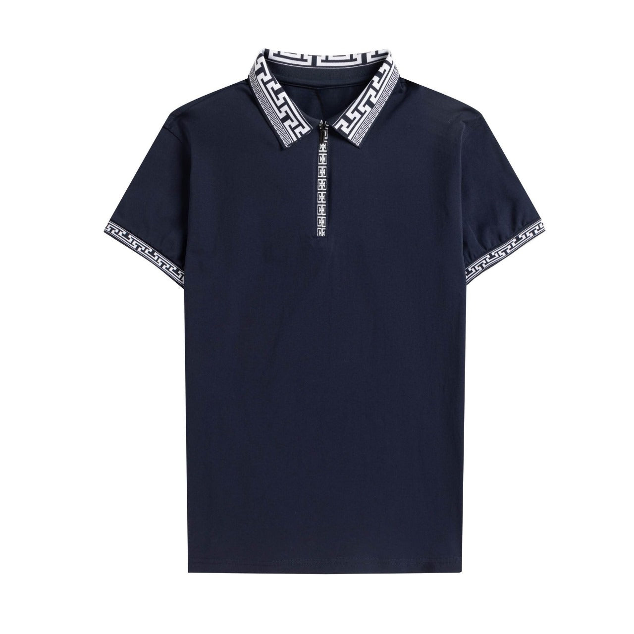 Men’s Navy Zipper Polo Shirt – Short Sleeve Tee with White Greek Key Trim S-4XL